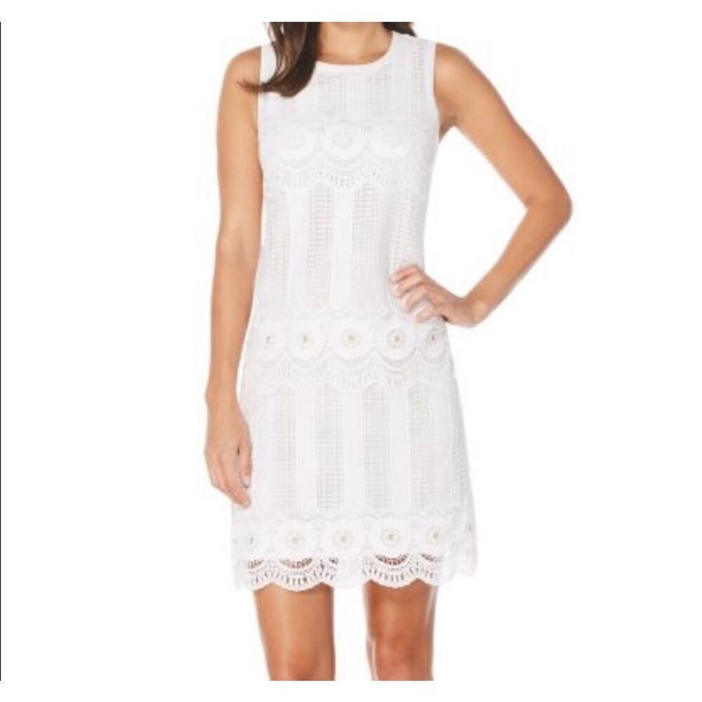 Laundry by Shelli Segal White Lace Embroidered Embellished Shift Dress Women’s 4